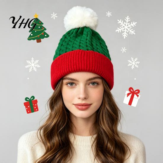 Stretchy Knitted Winter Cap Women Christmas Elf Hat, Cozy Knit Hat with Pom Stylish for Girls Pom, Warm Skull Outdoor Cold Weather