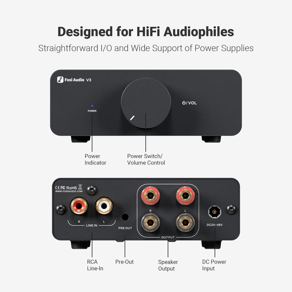 Amplificador de Potencia Estéreo Fosi Audio V3 300W X2 TPA3255 Clase D Mini Amplificador de Altavoz Amplificador de Audio de 2 Canales para Altavoces de Estantería Pasivos