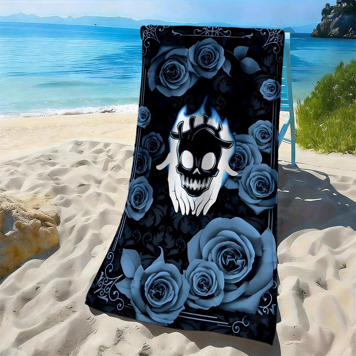 

Gothic style skull and rose pattern polyester microfiber beach towel is highly absorbent suitable for swimming and beach outings W30*H60(CM)
