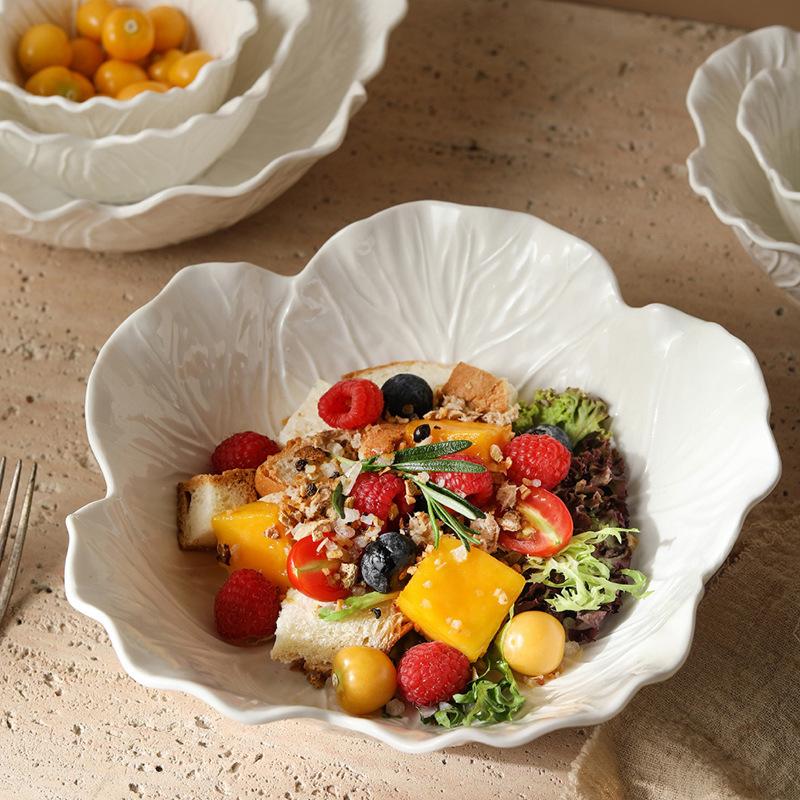 Nordic Luxury Flower Ceramic Dinner Plates White Creative Cabbage Relief Tableware Fruit Vegetable Salad Bowl Large Soup Bowls