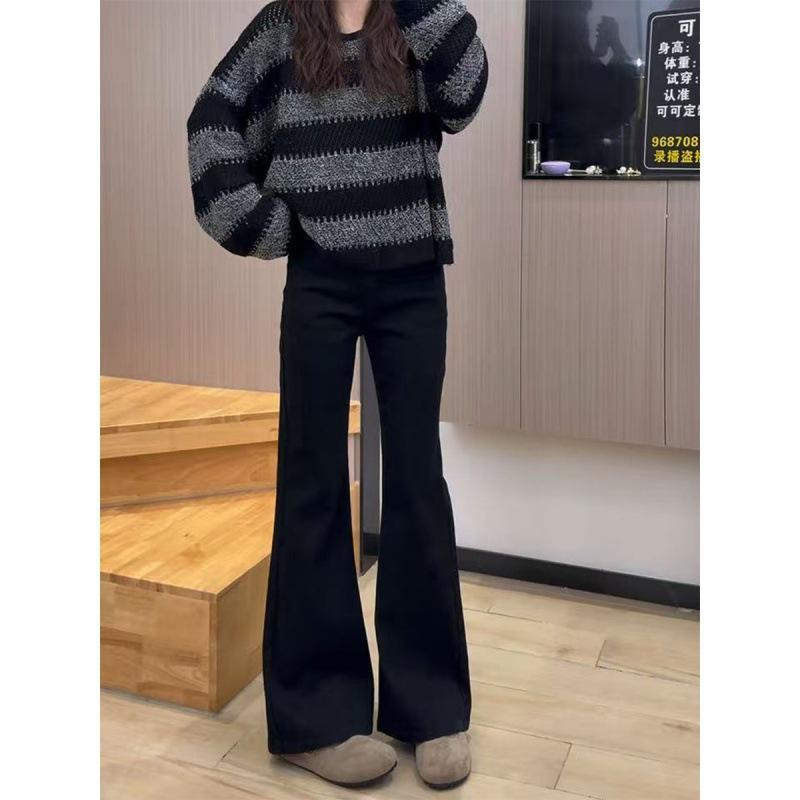Fleece Micro-flared Jeans Women's Autumn and Winter High-waisted Elastic and Thin Straight Horseshoe Pants