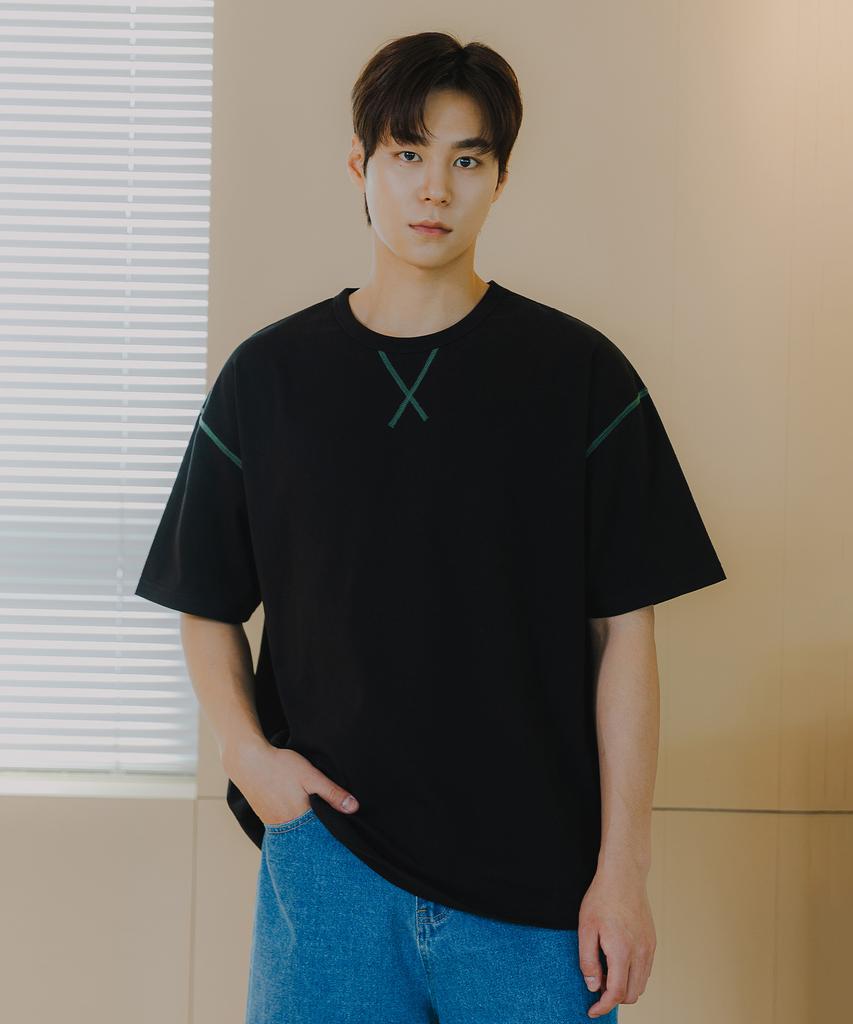 BAKKEN [Men] Color Block Stitch Point Short Sleeve T-Shirt Bk4216 (4 Colors)