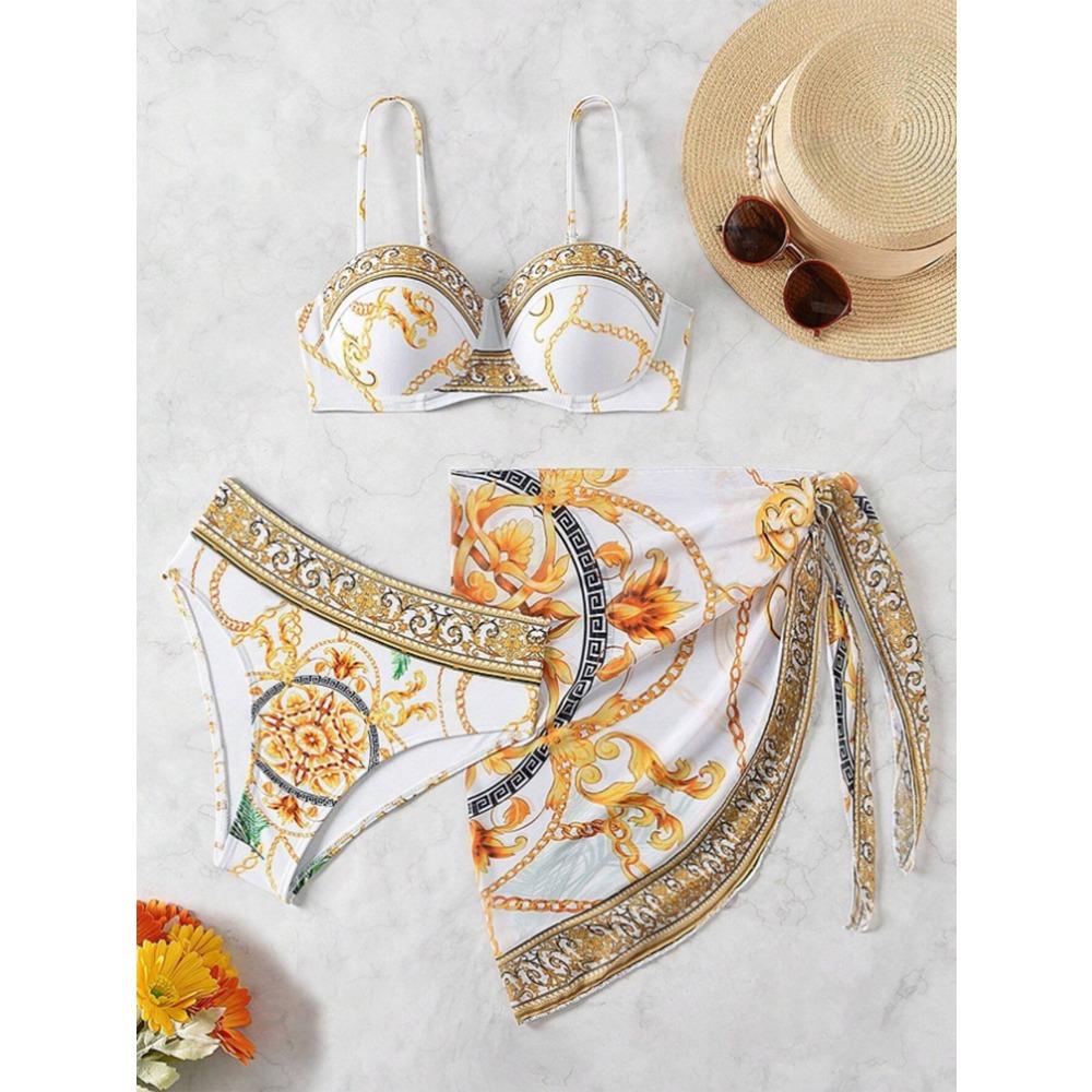 European and American New One-piece Swimsuit Sexy Back Printed Women's Three-piece Bikini