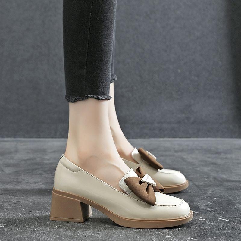 Genuine Soft Leather British Style Women's Square Toe Loafers New Design Spring Fall Bow Detail Mid Heel Casual Shoes Hot Sale