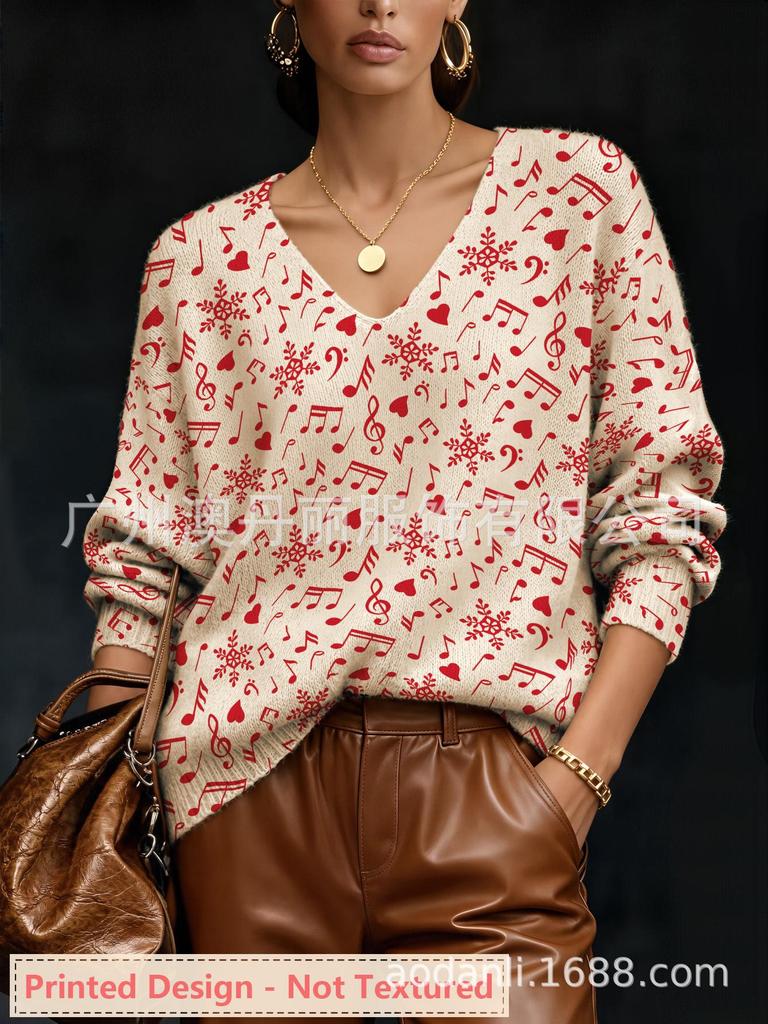 Autumn/Winter Casual Loose Knit Long Sleeve V-Neck with All-Over Non-Crocheted Print