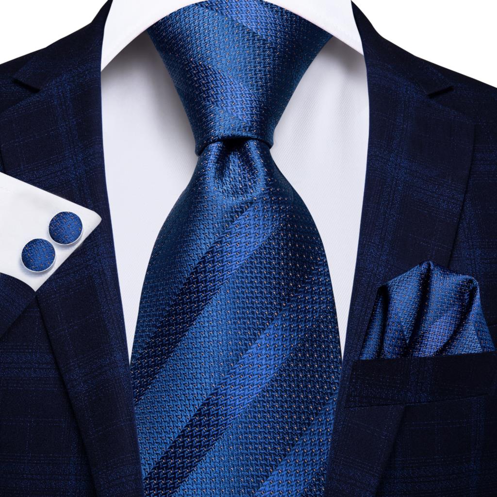 Hi-Tie Navy Blue Striped Silk Wedding Tie For Men Fashion Design Gift Men Necktie Hanky Cufflink Set Business Party Dropshiping
