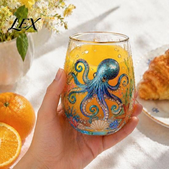 Functional Collectible Glass Cup Ocean-Themed Cup, Jellyfish/Dolphins/Sea Turtles/Octopus Hand-Painted, Thickened Drinking Decorative Ocean Style Gift