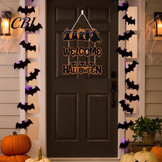 Elegant Natural Wood Sign Halloween Wooden Door Sign, Black Cats Broom Front Hanger, Rustic Hanging Welcome for Home Window Wall Party Decor