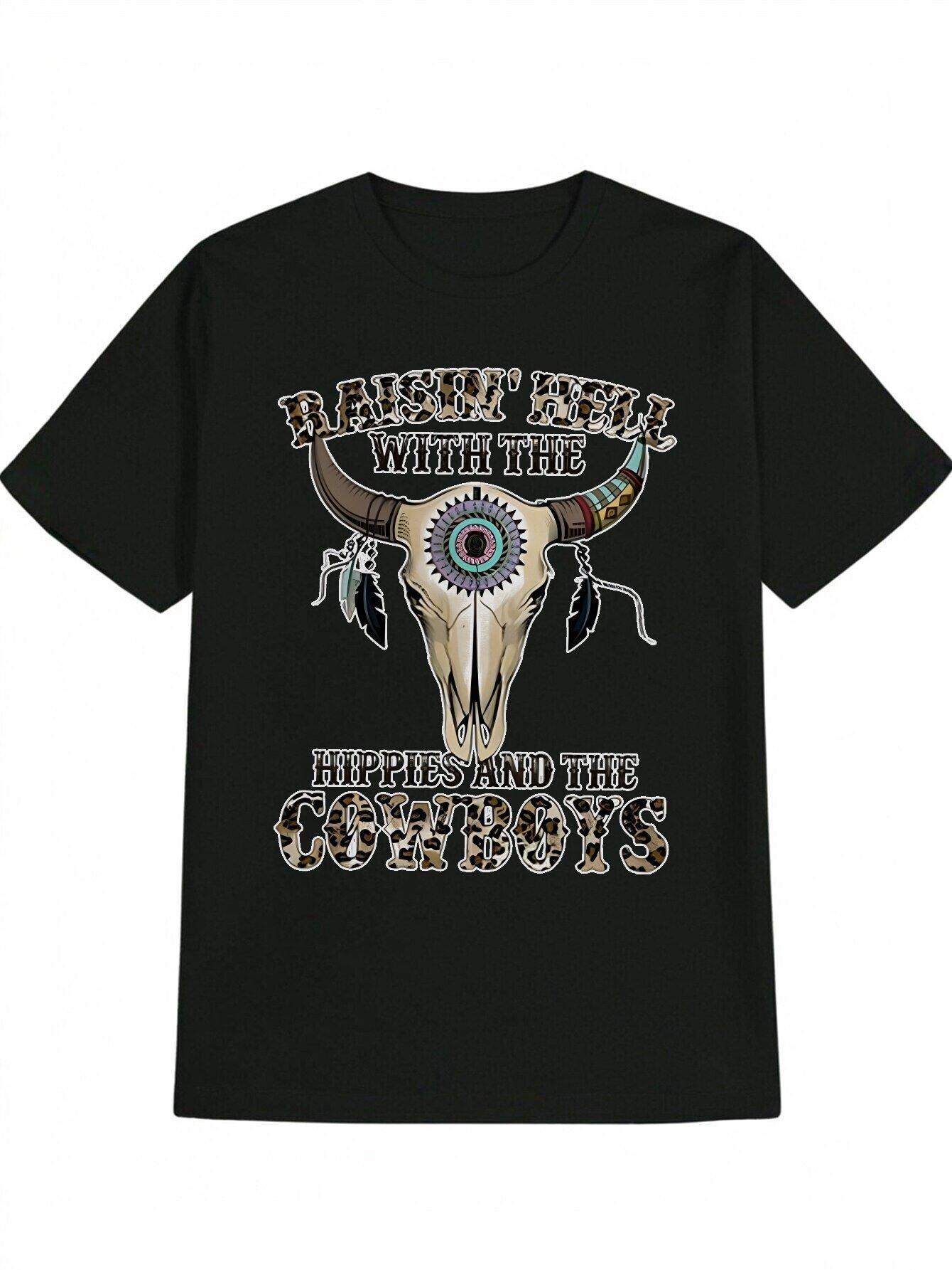 

Casual Short Sleeve T-shirt - Black Western Graphic Print with Cow Skull & Restless Spirits Design XXL