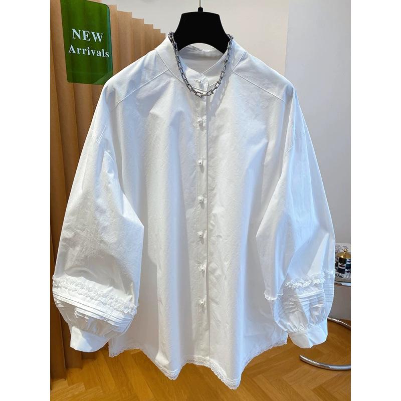 Pearl Buckle White Shirt Women's Long Sleeves 1116 Spring and Autumn New High-end Loose Cotton Lantern Sleeves Shirt Top