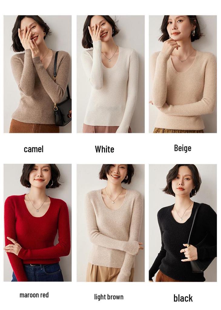 Women's U-neck Slim Fit Cashmere Sweater - Ribbed, Solid Color, Elegant & Versatile Wool Base Layer.