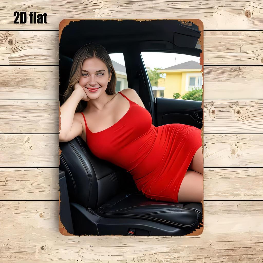 Tin Sign Woman in Red Dress Leaning on Car Door Vintage Retro Metal Poster Wall Decor for Garage Cafe Home Bar Man Cave Funn