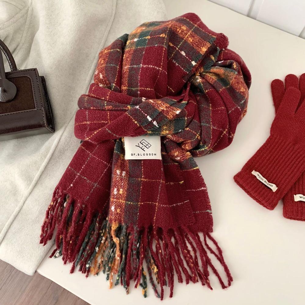 Sweet Winter Knitted Scarves New Year Red Long Shawl Warm Plaid Wool Scarf  Student