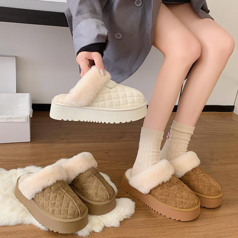 Thick-soled Hairy Edge Short Tube Bag Head Snow Boots Slippers Wear Piled Waterproof Cotton Slippers Winter Non-slip Cotton Shoes