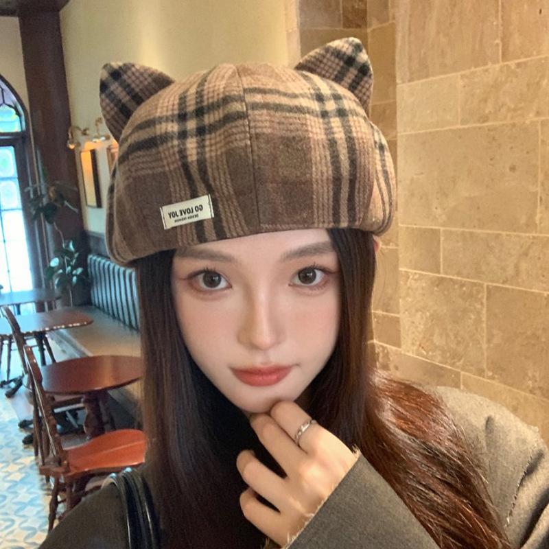 Retro Plaid Beret British Versatile Literary Painter Hat Autumn and Winter Woolen Warm and Cute Cat Ears Octagonal Hat