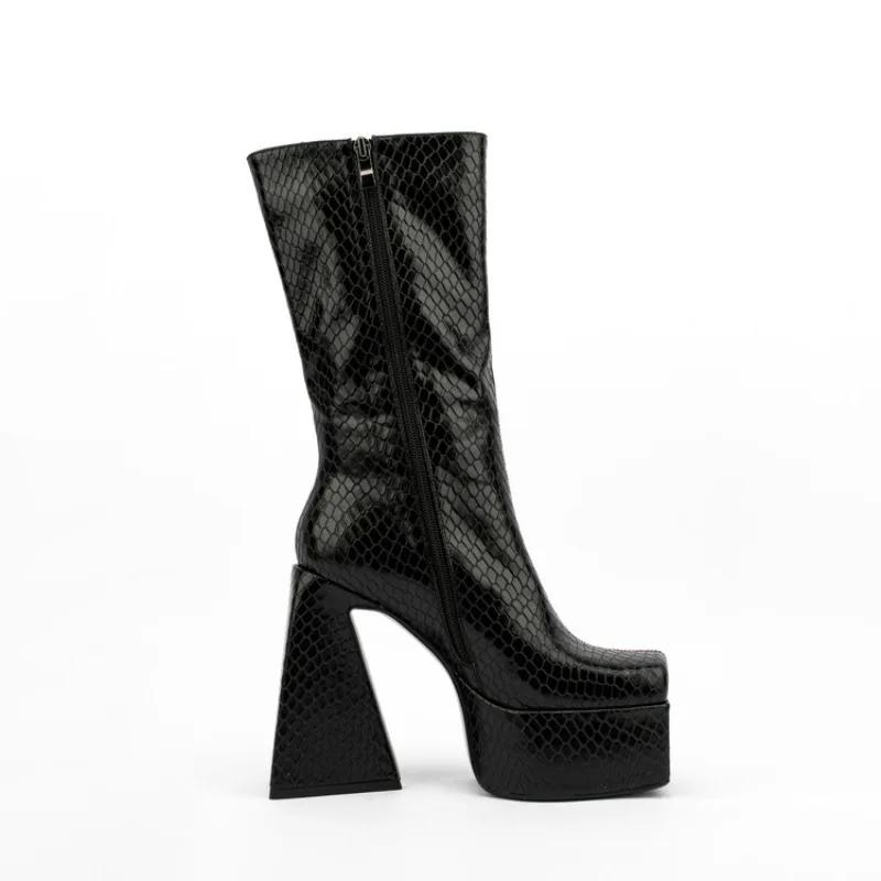 Fashion New Stone Pattern Side Zipper Thick Heel Mid-calf Boots Women Square Headed Waterproof platform Short Plush Winter Boots Size 45