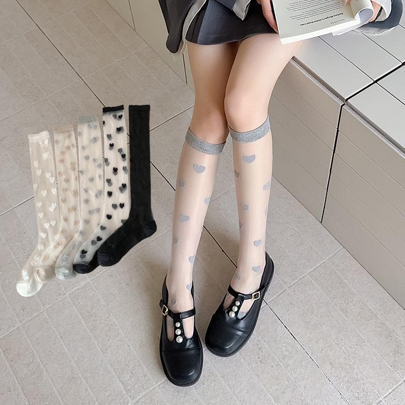 Crystal Silk Socks Stockings Women Summer Ultra-thin Transparent Nylon Long Socks Heart Print Lolita Kawaii Socks Women Stocking