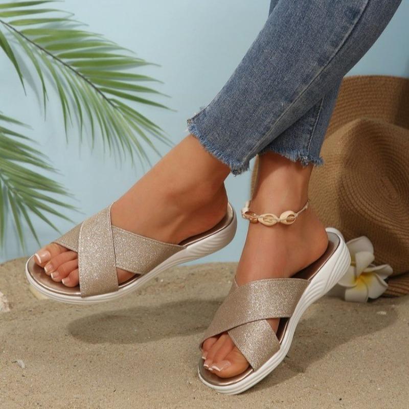 Fashion Platform Wedge Shoes Women's Fashion Round Toe Open Toe Crossover with Sequin Soft Sole Non-Slip Lightweight Low Heel Shoes
