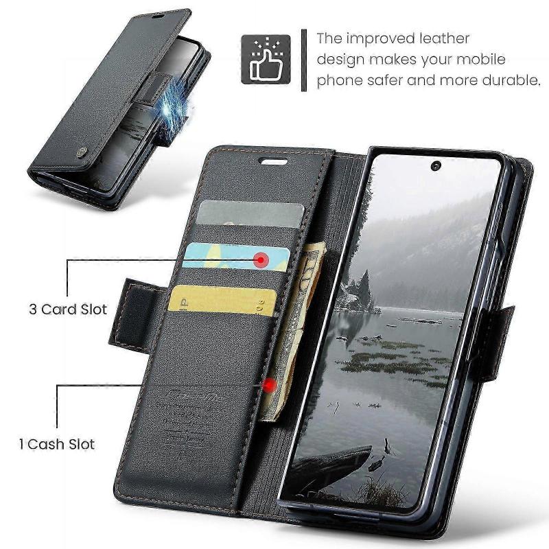 For Samsung Galaxy Z Fold7 5G Case CASEME 023 Series RFID Blocking Leather Wallet Stand Phone Cover Black