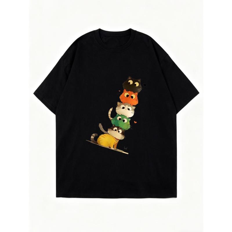 Oversized T Shirt Black Cat Stack Print Casual Wear For Women Summer Fashion Streetwear Loose Fit Top Graphic Tee