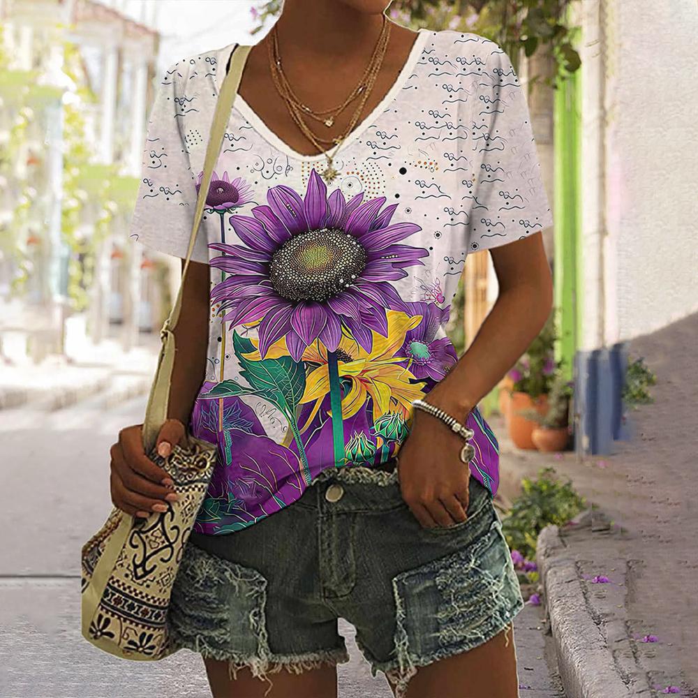 

Daily Fashion V-neck Short Sleeve Tops Sunflower Patterns Printed Plus Size Loose Women s Clothing Outdoor T-Shirt S