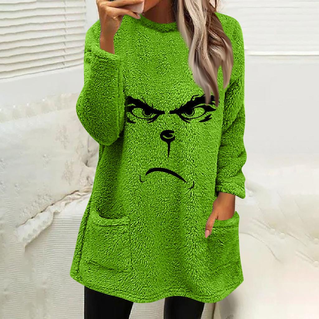 Women's Fashion Casual Long Sleeve Plush Sweatshirt Print Top With Pockets