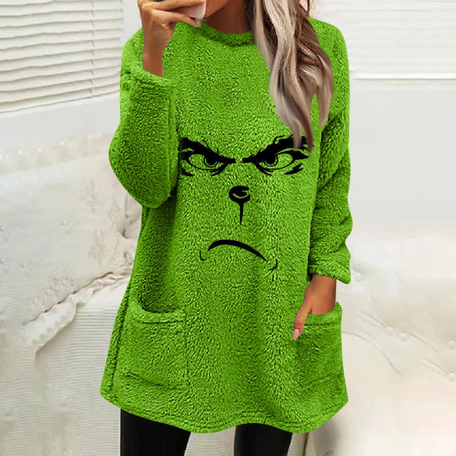 

Женская мода повседневная плюшевая толстовка с длинным рукавом с принтом и карманами M зелёный