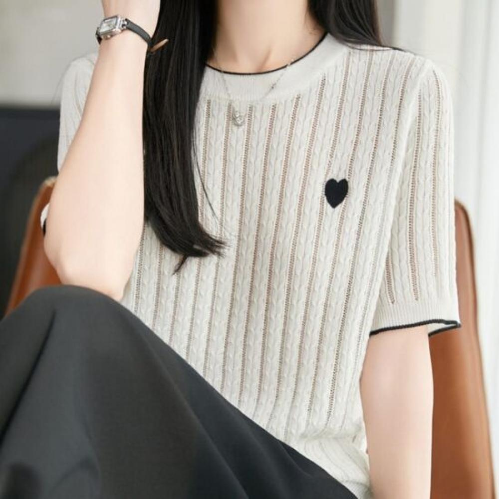 Navava Basic Ribbed Twist Heart Round Neck Short Sleeve Knit Tee Nk3651