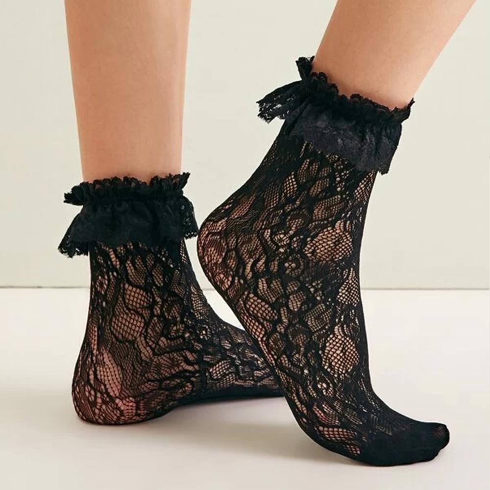 2 Pairs Lace Mid Tube Socks For Women's Lolita Retro Women's Jacquard Princess Sock White Breathable Anti Hook Silk Girls' Socks