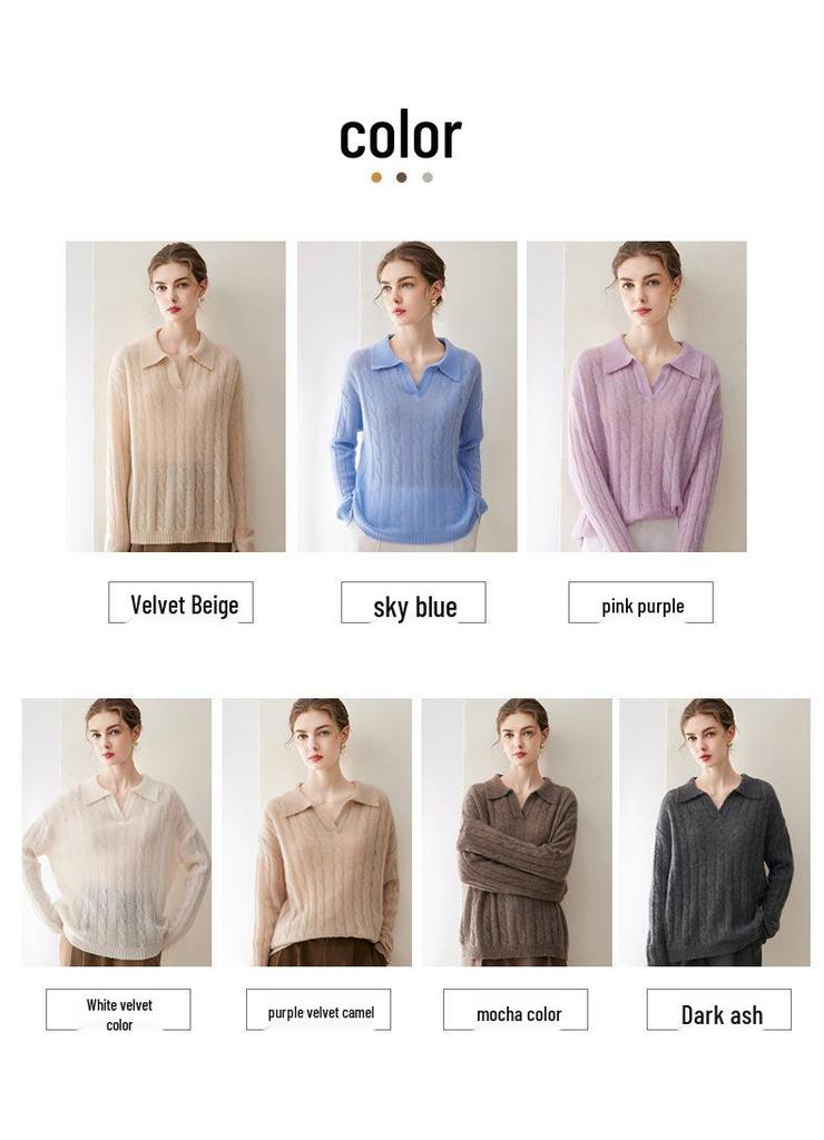 Women's Cashmere Cable Knit Sweater - New Lapel Style, Loose Fit, Autumn/Winter Versatile Top in Pink, Purple, and Light Blue.