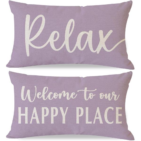 Welcome to Our Happy Place Relax Decorative Throw Pillow Covers 12x20 Inch Set of 2 Orange Outdoor Farmhouse Spring Fall Decor Lumbar Cushion Case