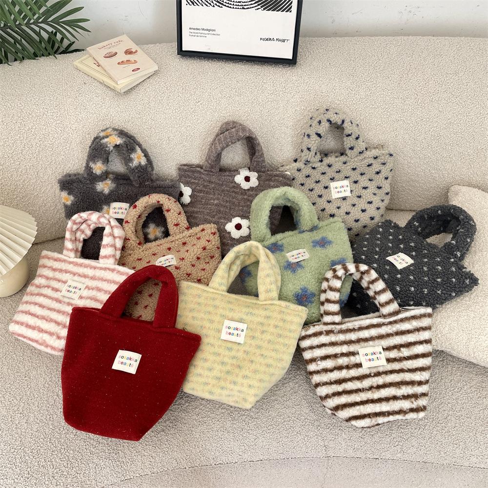 Cute Versatile Plush Women's Shoulder Bags Simple Stripes Female Handbags Fall Winter Ctrast Color Ladies Miscellaneous Bag