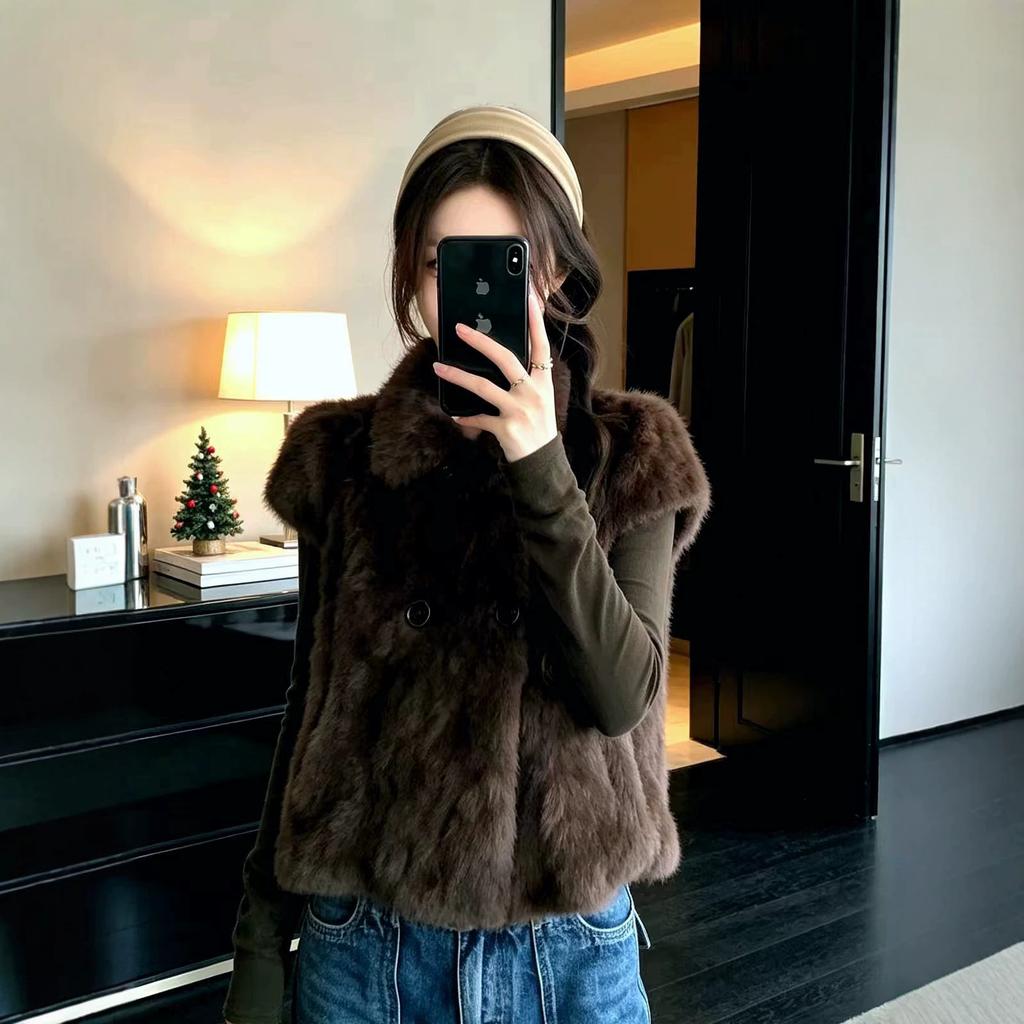 'Milk coffee small vest 'ring bag small cape vest fluffy jacket women's autumn and winter fur integrated small man