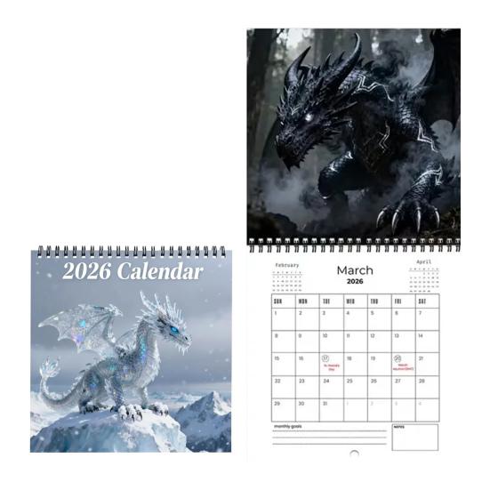 2026 Drachen-Fantasy-Wandkalender Monatsplaner mit 12 detaillierten Drachenillustrationen Spiralbindung Aufhängeloch Heim-Büro-Dekor Geschenk für Drachen