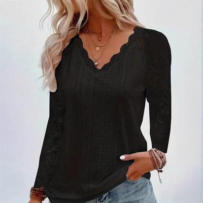 Spring and Autumn Long Sleeved Lace Patchwork Hollow Top Fashionable Women's T-shirts