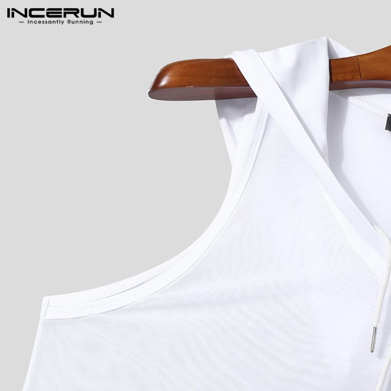 INCERUN Summer Men Drawstring Sleeveless Mesh Hooded Tank Tops