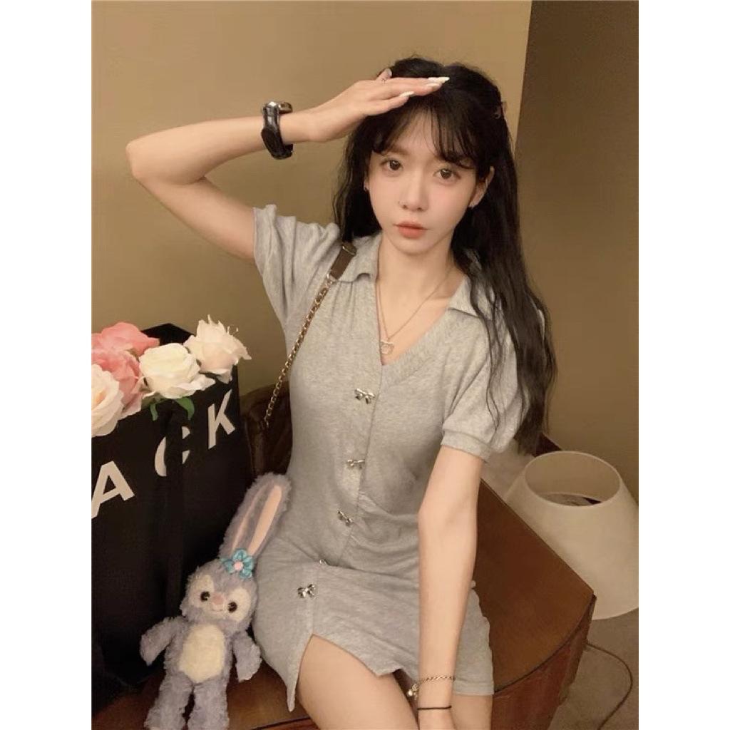 Puff sleeve dress for women, summer pure desire hot girl polo collar skirt, new tight hip-hugging slit short skirt