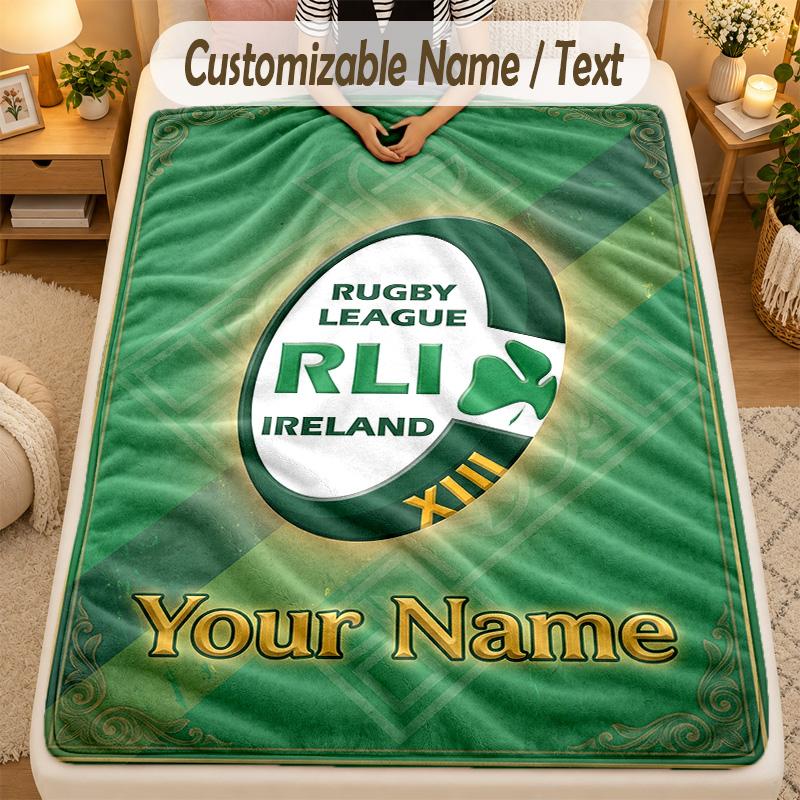Flannel BlanketIreland Rugby Custom Name Text Personalized Soft Warm Throw Blanket Home Decor Gift