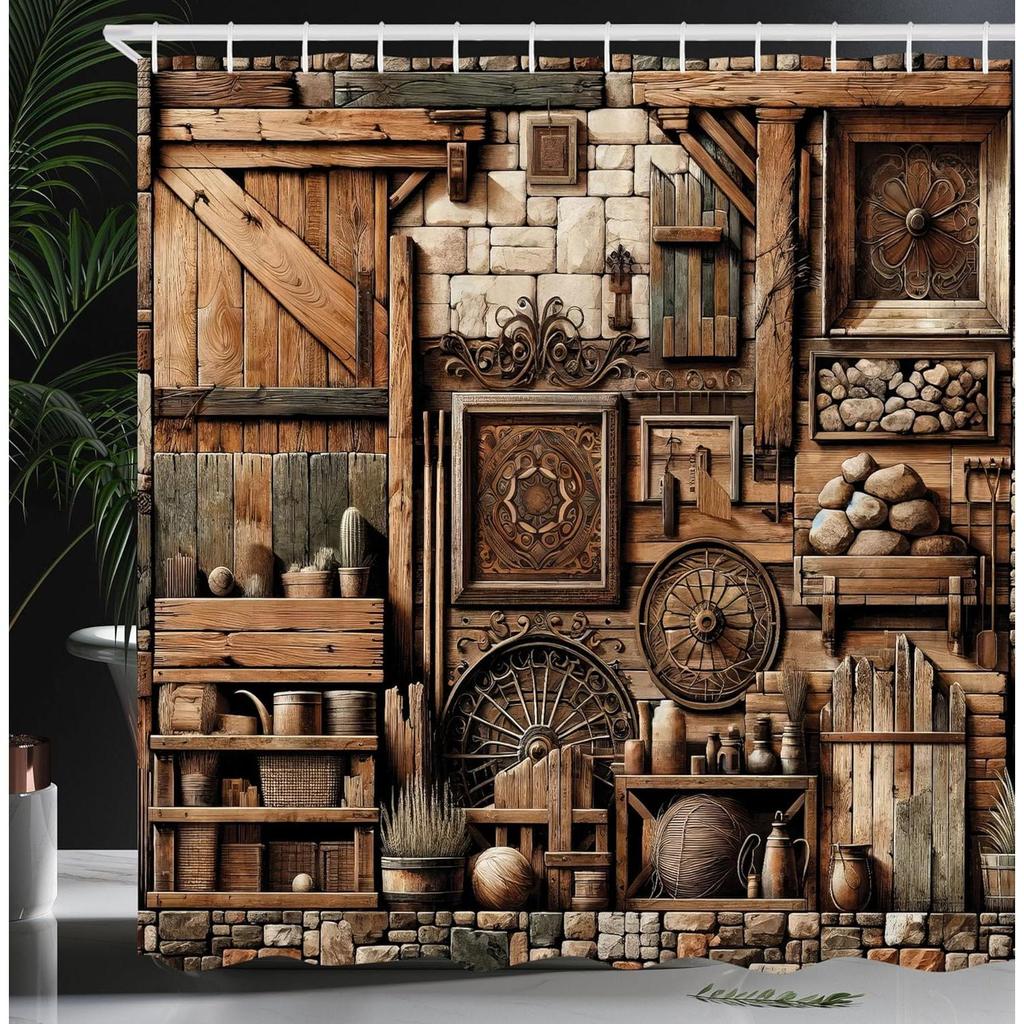 Ambesonne Rustic Shower Curtain, Weathered and Grunge Look Medieval Time Inspired Cottage Scene Wooden Details, Cloth Fabric Bat