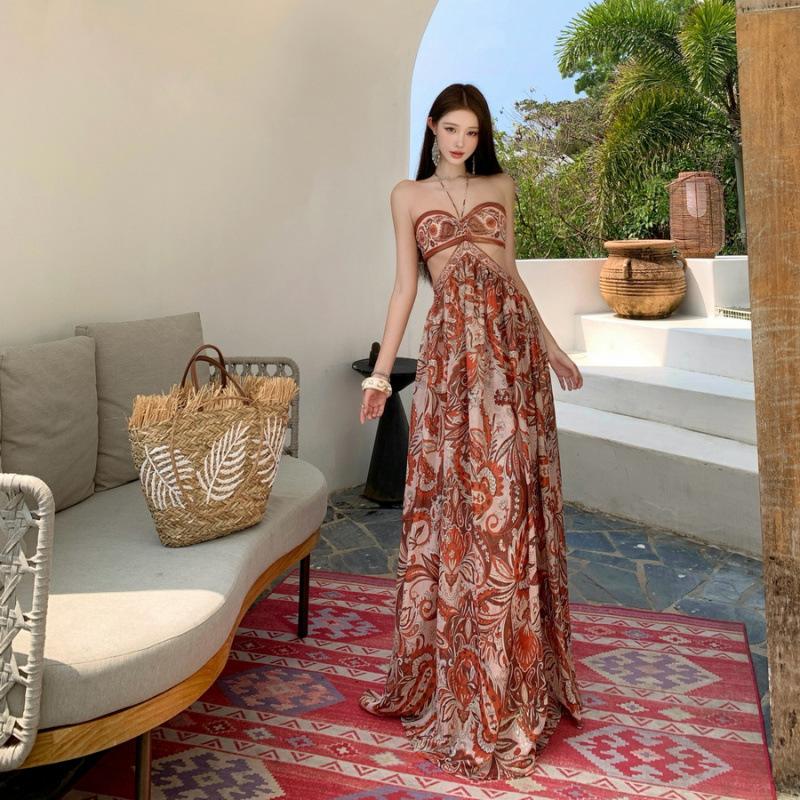 French retro printing neck dress temperament thin tube top backless holiday dress real shot