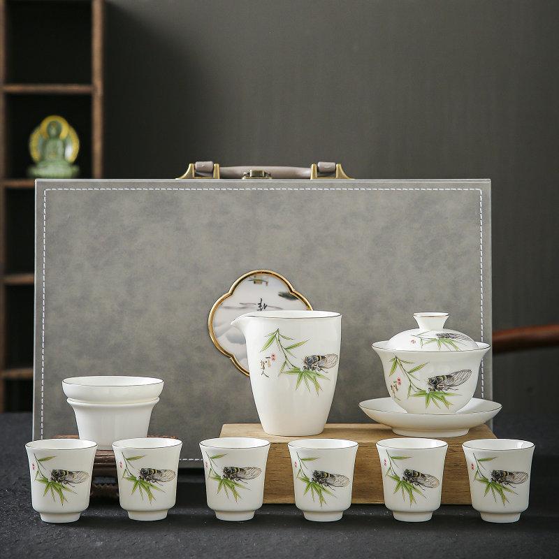 White Porcelain Full Set of Kung Fu Ceramic Tea Set Household Set Gift Box Suet Jade Business Gift Box a Set of Chinese High-end