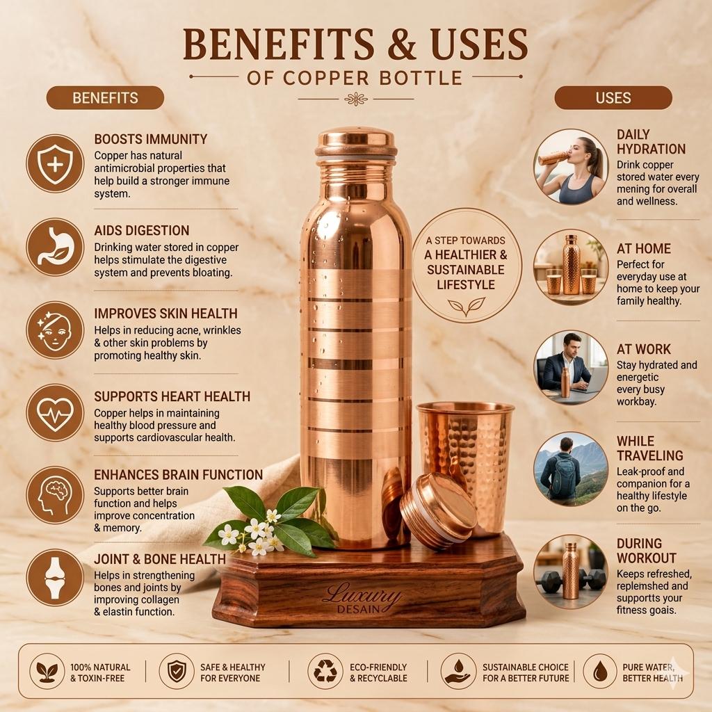 Nirmal Ganga Silver Touch Luxury Copper Bottle 1L | Premium Copper Water Bottle | Elegant & Leakproof