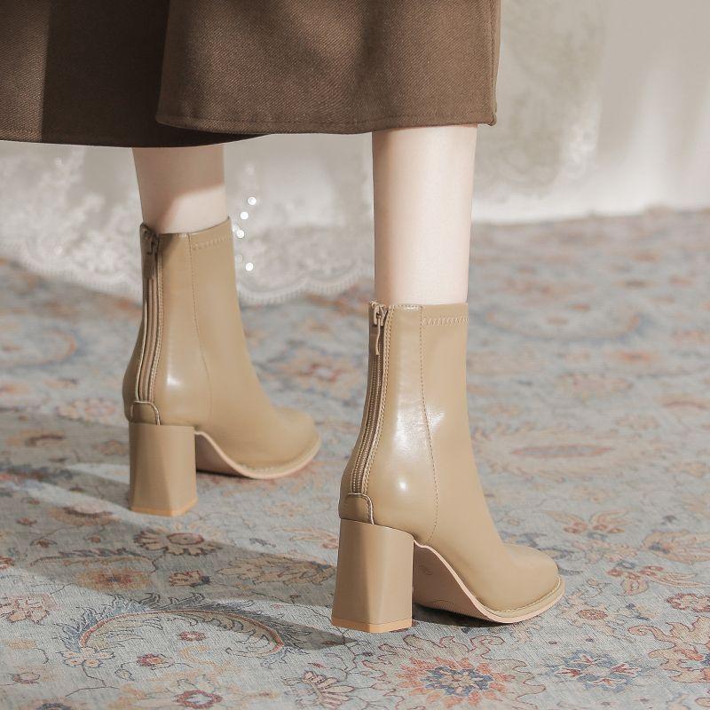 White thick-heeled short boots for women 2025 new autumn and winter mid-heeled square-headed French high-heeled shoes elastic medium tube thin boot
