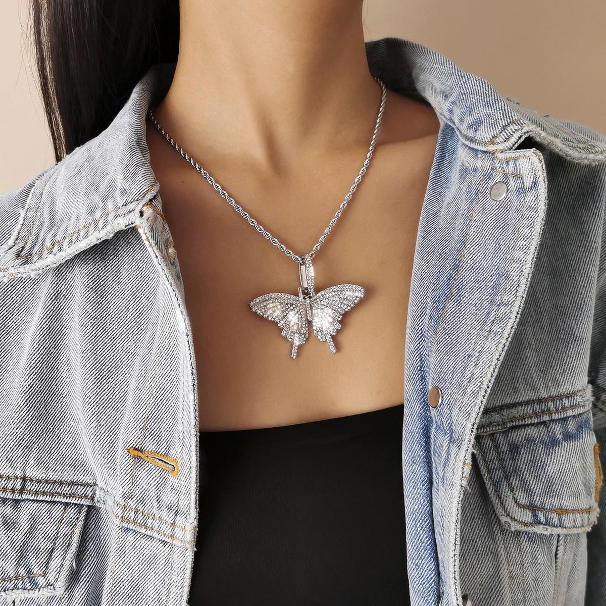 Аксессуары, Простая однослойная колье-цепочка с плетением для женщин, Преувеличенная индивидуальность, Ожерелье с подвеской-бабочкой, инкрустированной бриллиантами
