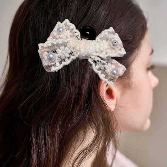 Hairpin Hollow Lace Bow Imitation Pearl Embellishments Hair Clip Spring Summer Lightweight Hair Accessories