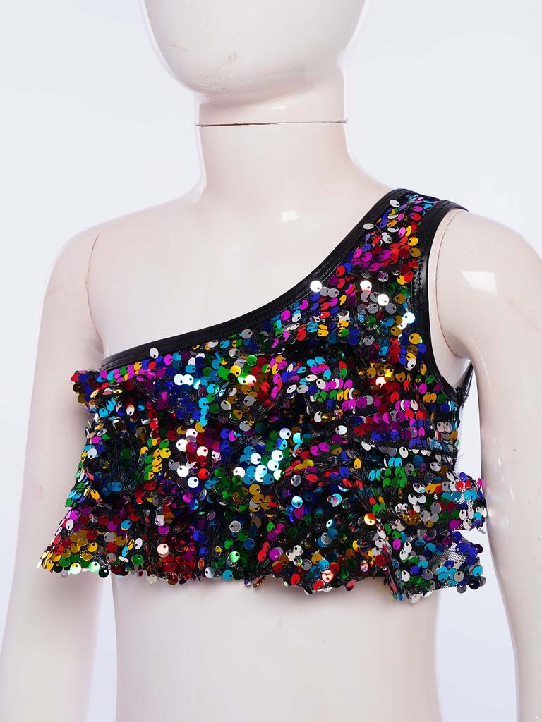 Kids Girls Sequined Dance Top Tiered Ruffles Sleeveless Metallic One Shoulder Vest Performance Outfit