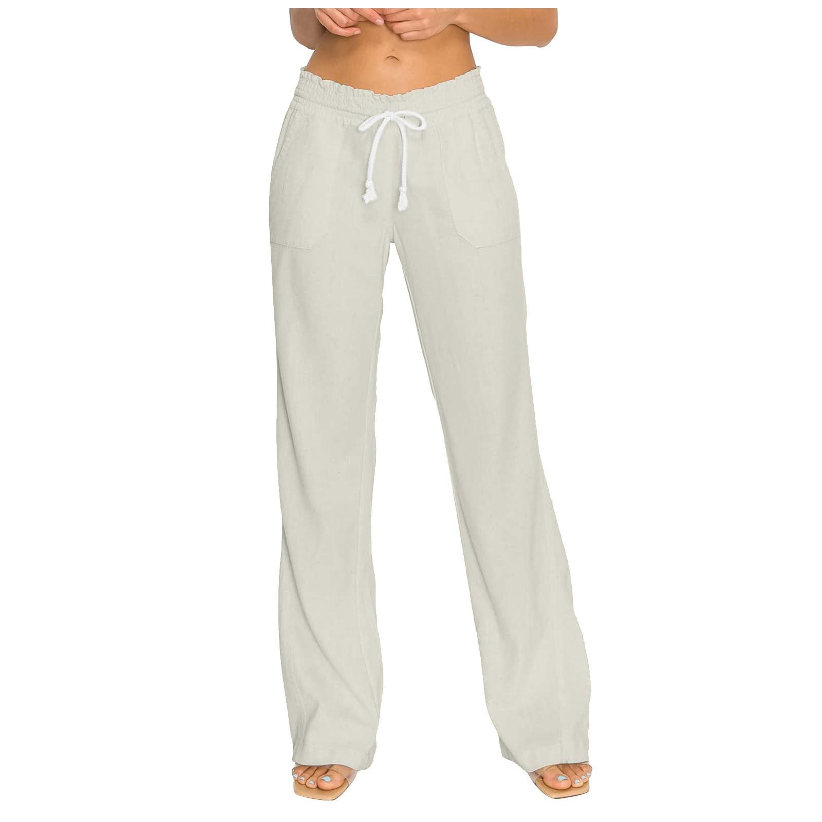 

Женская мода, однотонные прямые брюки из хлопка и льна, свободные широкие брюки M белый