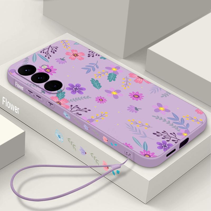 Retro Flower Print Lanyard Phone Case For Samsung Galaxy A57 A17 A56 A16 A55 A15 A36 S24 S25 FE S26 S25 S23 S22 Ultra Soft Cover
