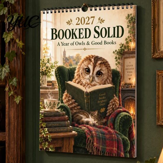 Decorative Wall Hanging for Study 2027 Calendar with Cute Owl Reading Illustrations, Retro Oil Painting Style Monthly Schedule Organizer Home Planner