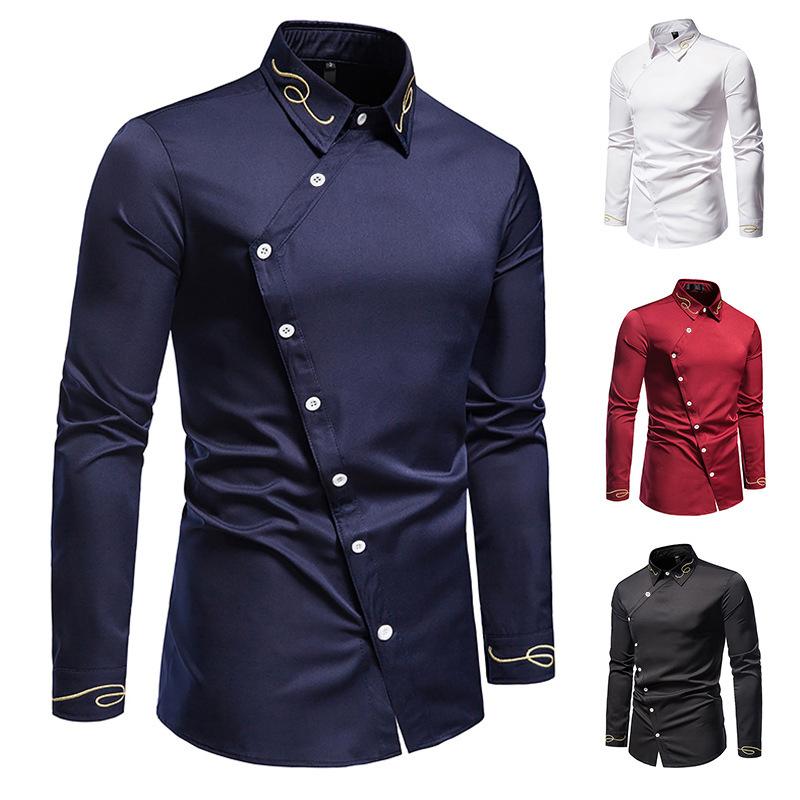 Heren Navy Blauw Diagonaal Knoop Dress Shirt, Gouden Borduurwerk Slim Fit Lange Mouw Shirt